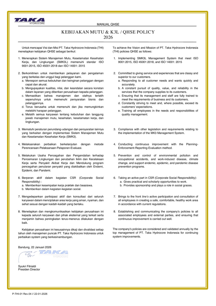 PT Taka Hydrocore Indonesia QHSE Policy 2026 preview
