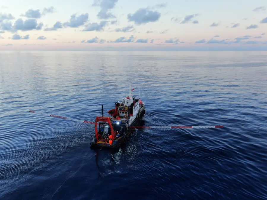 SS Barakuda operating offshore with survey equipment deployed